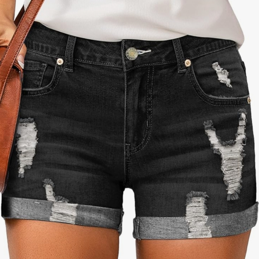 Lookbook Store High Waisted Distressed Rolled Hem Black Shorts Guc M